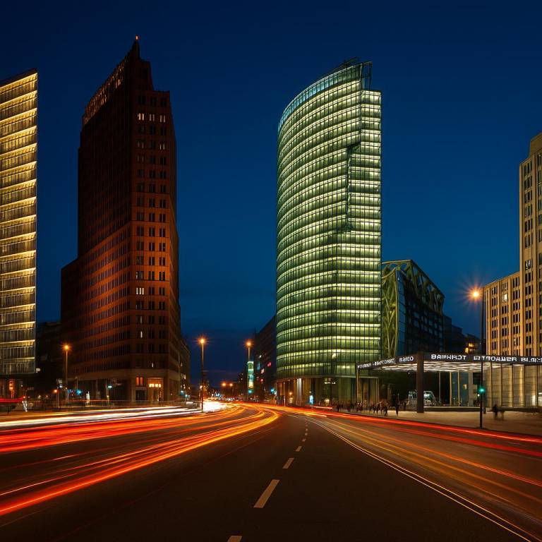Potsdamer Platz city night lights, modern skyscrapers illuminated with vibrant colorful lights, reflections on wet pavement, busy urban atmosphere, cinematic composition, twilight sky, warm glowing windows, photorealisti
